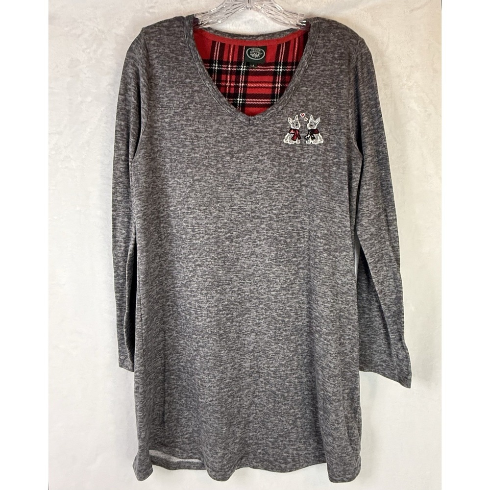 Laura Ashley Scottie Dog Sleepshirt S Gray Plaid Lined V Neck Christmas Cute